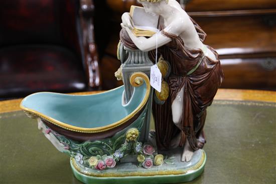 A rare Mintons majolica The Reader Flower Holder, modelled by Albert Carrier-Belleuse, date code for 1873, 49cm, old restoration